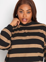 Yours Curve Natural Oversized Long Sleeve T-Shirt Jumbo Stripe Cuffed Dress - Image 4 of 4