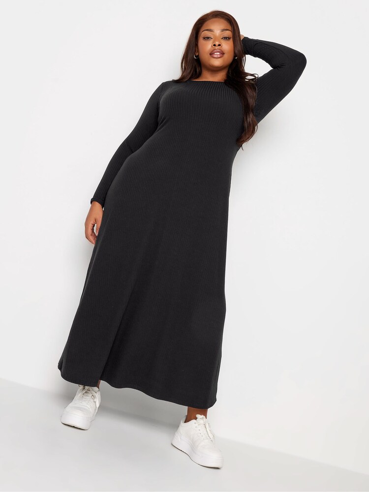 Yours Curve Black Ribbed Maxi Swing Dress - Image 1 of 4