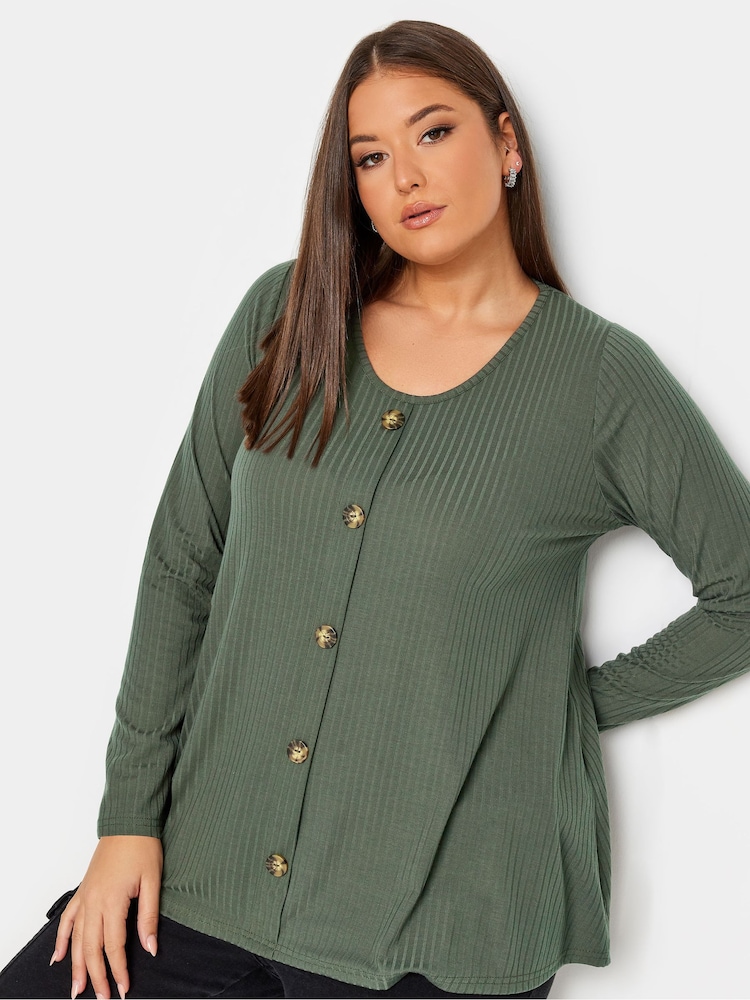 Yours Curve Green Limited Long Sleeve Ribbed Button Front Tunics - Image 4 of 4