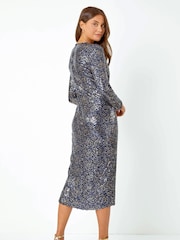 Roman Blue Sequin Wrap Midi Stretch Dress - Image 2 of 5
