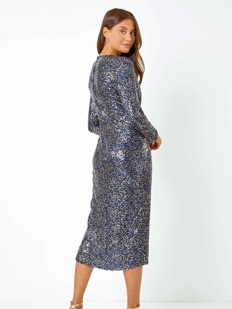 Roman Blue Sequin Wrap Midi Stretch Dress - Image 2 of 5