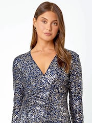 Roman Blue Sequin Wrap Midi Stretch Dress - Image 4 of 5