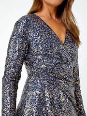 Roman Blue Sequin Wrap Midi Stretch Dress - Image 5 of 5