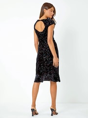 Roman Black Velvet Frill Hem Glitter Stretch Dress - Image 2 of 5