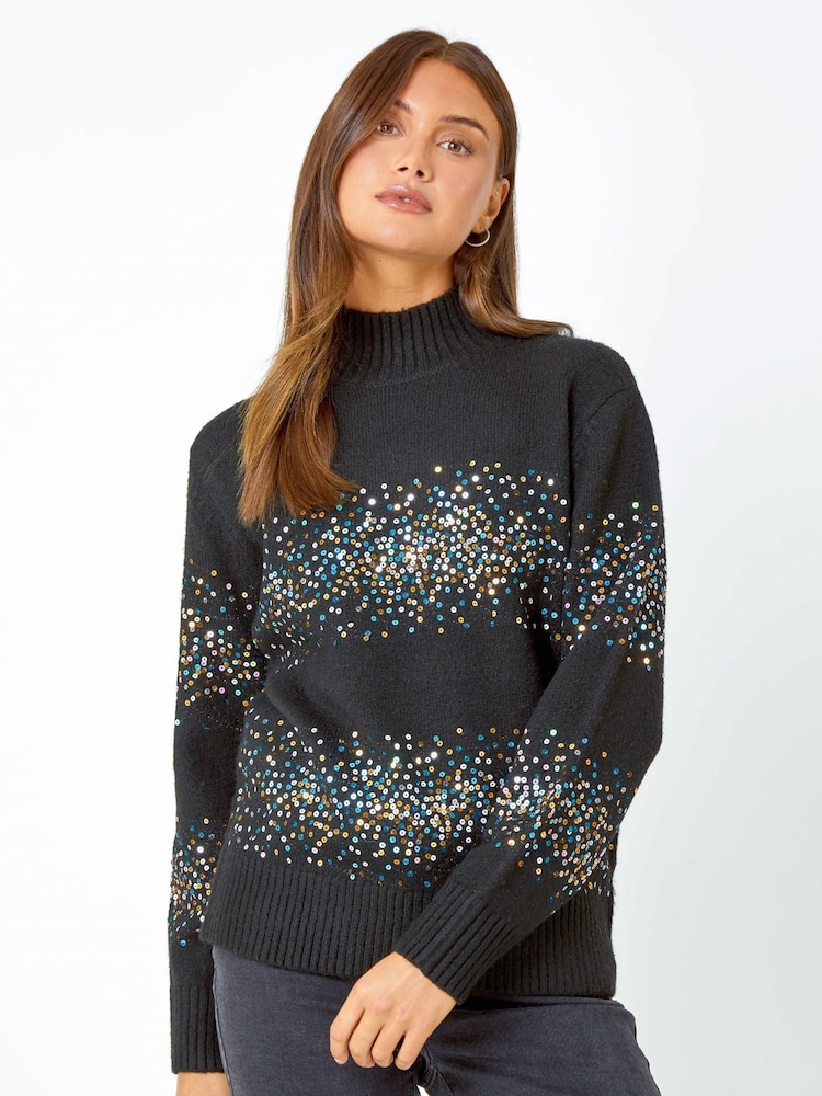 Roman Black Sequin Stripe Knitted Stretch Jumper - Image 1 of 5