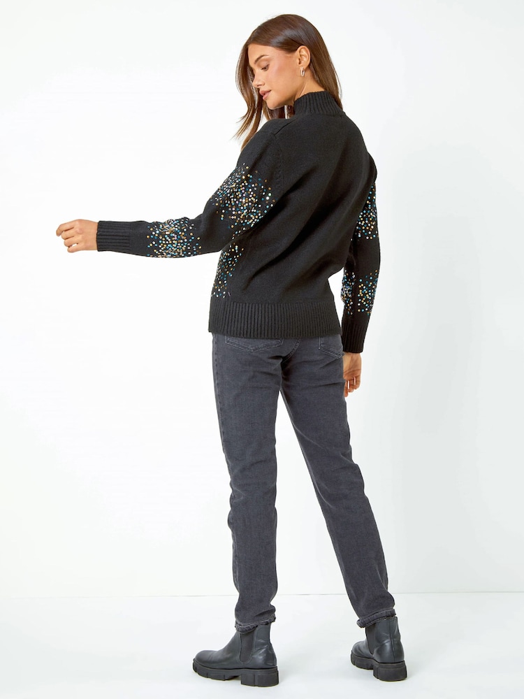 Roman Black Sequin Stripe Knitted Stretch Jumper - Image 2 of 5