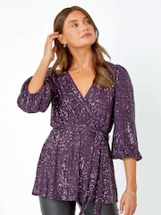 Roman Purple Embellished Sequin Stretch Wrap Top - Image 1 of 5