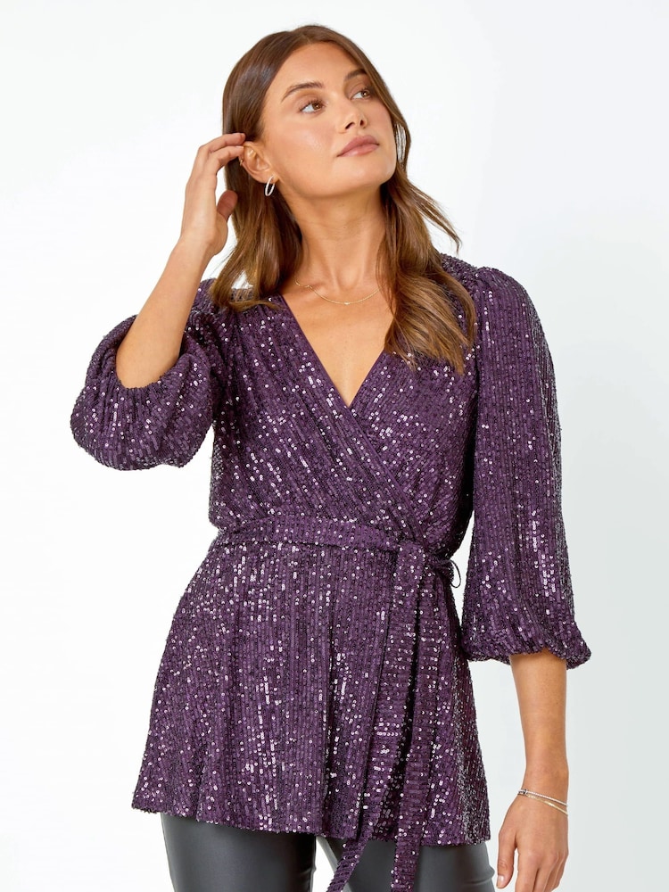 Roman Purple Embellished Sequin Stretch Wrap Top - Image 1 of 5