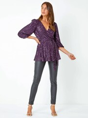Roman Purple Embellished Sequin Stretch Wrap Top - Image 2 of 5
