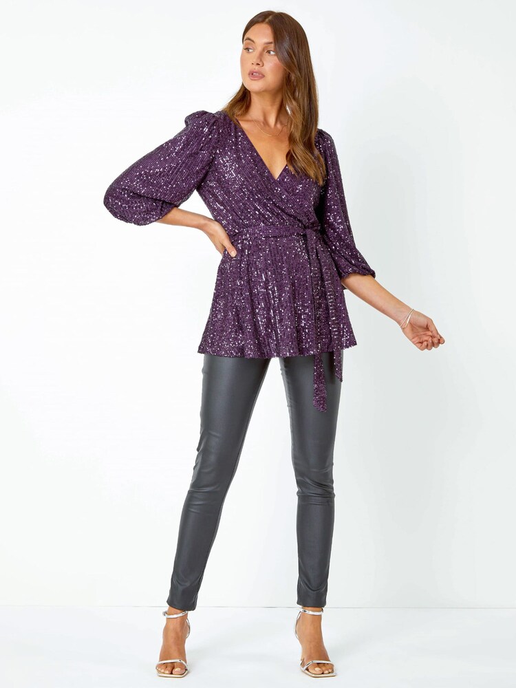 Roman Purple Embellished Sequin Stretch Wrap Top - Image 2 of 5 Roman Purple Embellished Sequin Stretch Wrap Top - Image 2 of 5
