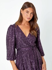 Roman Purple Embellished Sequin Stretch Wrap Top - Image 4 of 5