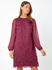 Roman Burgundy Red Floral Lace Chiffon Sleeve Shift Dress - Image 1 of 5