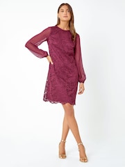 Roman Burgundy Red Floral Lace Chiffon Sleeve Shift Dress - Image 2 of 5