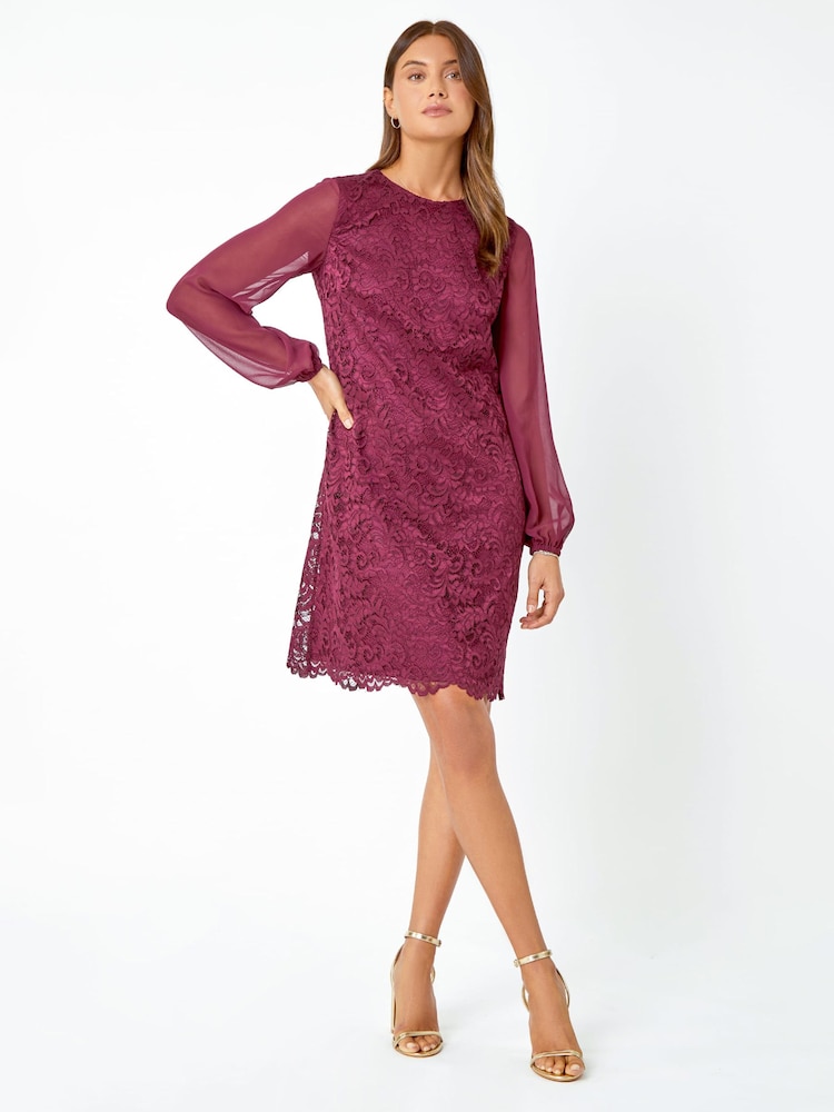 Roman Burgundy Red Floral Lace Chiffon Sleeve Shift Dress - Image 2 of 5
