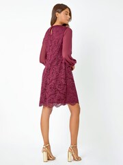 Roman Burgundy Red Floral Lace Chiffon Sleeve Shift Dress - Image 3 of 5