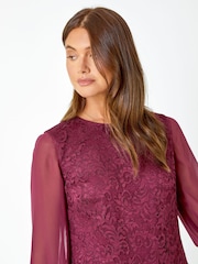 Roman Burgundy Red Floral Lace Chiffon Sleeve Shift Dress - Image 4 of 5