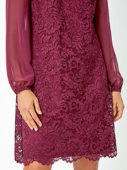 Roman Burgundy Red Floral Lace Chiffon Sleeve Shift Dress - Image 5 of 5