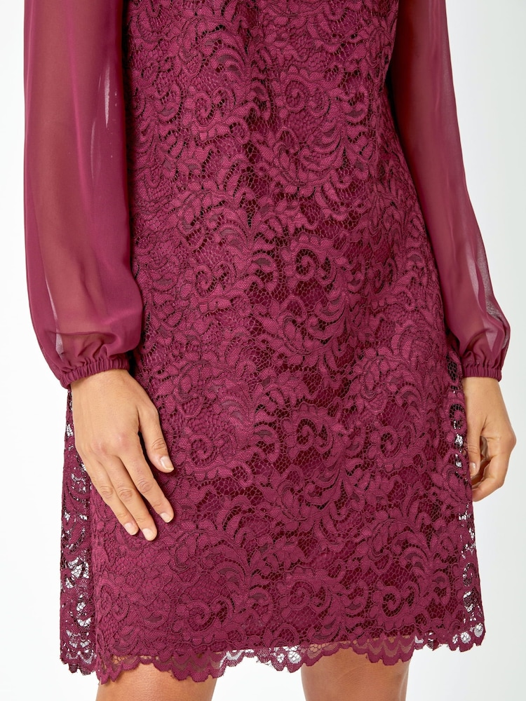 Roman Burgundy Red Floral Lace Chiffon Sleeve Shift Dress - Image 5 of 5