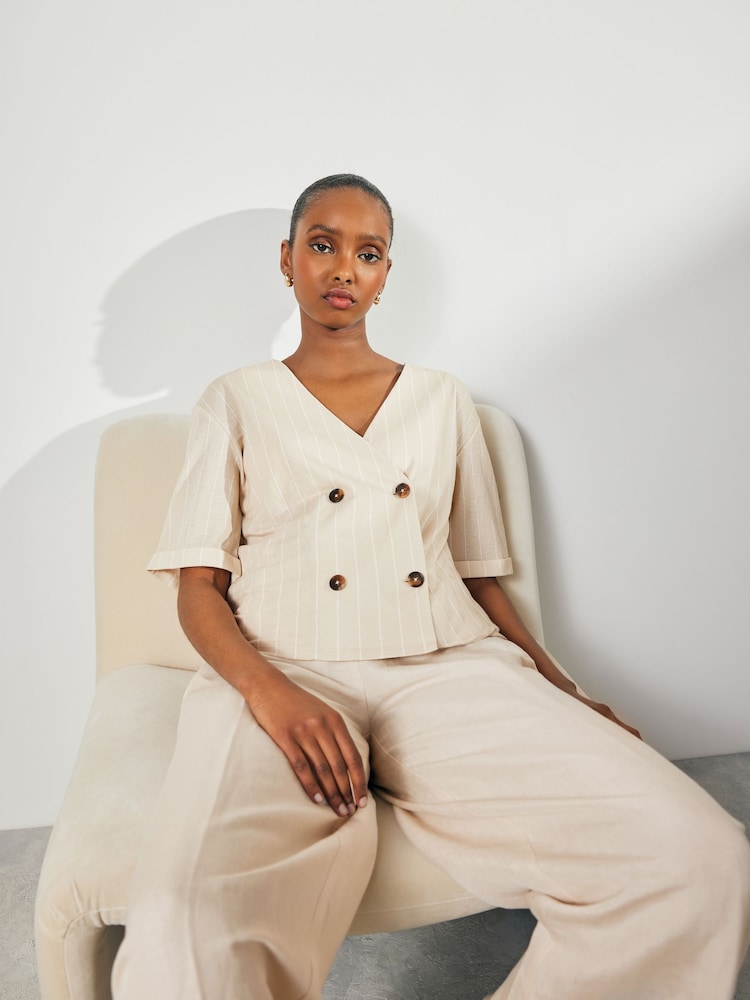 Neutral White Stripe Short Sleeve Waistcoat - Image 1 of 6 Neutral White Stripe Short Sleeve Waistcoat - Image 1 of 6