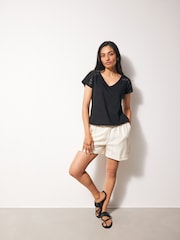 Black V-Neck 100% Cotton Bubble Hem Top - Image 1 of 5