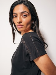 Black V-Neck 100% Cotton Bubble Hem Top - Image 3 of 5