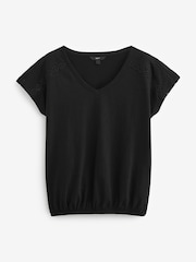 Black V-Neck 100% Cotton Bubble Hem Top - Image 4 of 5