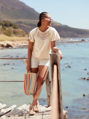 Neutral Short Sleeve Crochet Bubblehem Top - Image 2 of 6