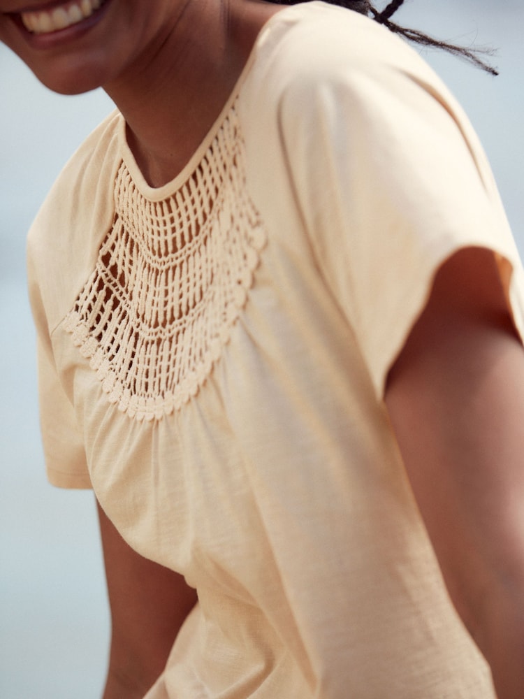 Neutral Short Sleeve Crochet Bubblehem Top - Image 4 of 6