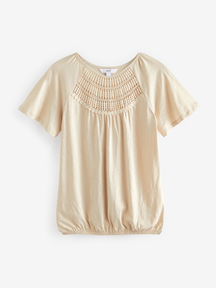 Neutral Short Sleeve Crochet Bubblehem Top - Image 5 of 6
