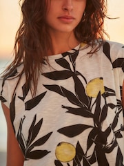 Ecru Lemon Crew Neck 100% Cotton Look Slub Jersey Cap Sleeve Printed T-Shirt - Image 3 of 6