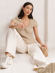Neutral Textured Twist Front Short Sleeve Top - Image 2 of 7