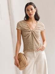 Neutral Textured Twist Front Short Sleeve Top - Image 3 of 7