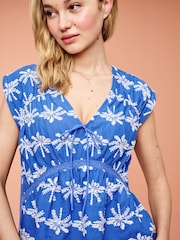Cobalt Blue Broderie V-Neck Lace Detail Short Sleeve Top - Image 1 of 6