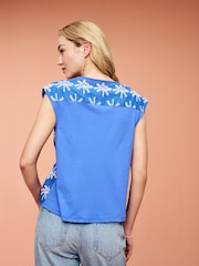 Cobalt Blue Broderie V-Neck Lace Detail Short Sleeve Top - Image 3 of 6