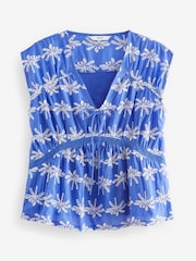 Cobalt Blue Broderie V-Neck Lace Detail Short Sleeve Top - Image 5 of 6