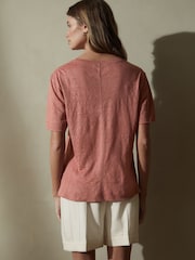Rose Pink Slim Fit Premium 100% Linen Crew Neck Short Sleeve T-Shirt - Image 3 of 6