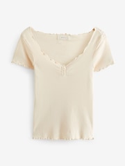 Ecru - 100% Tricou cu mânecă scurtă din bumbac cu margini încrețite - Image 5 of 5