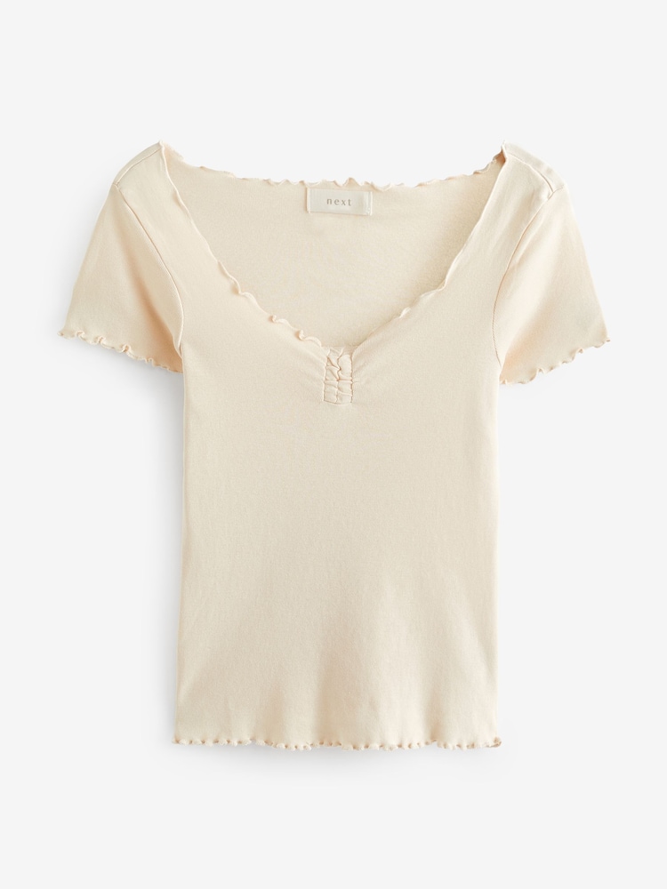 Ecru - 100% Tricou cu mânecă scurtă din bumbac cu margini încrețite - Image 5 of 5