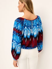 Blue Tie-Dye Print Boat Neck Textured Blouse - Image 3 of 5