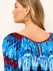 Blue Tie-Dye Print Boat Neck Textured Blouse - Image 4 of 5