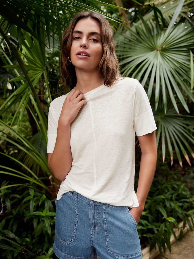 Ecru Slim Fit Premium 100% Linen Crew Neck Short Sleeve T-Shirt - Image 1 of 5