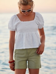 White Textured Puff Sleeve Square Neck Top - Image 1 of 4