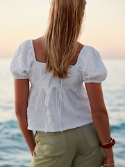 White Textured Puff Sleeve Square Neck Top - Image 3 of 4