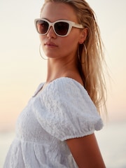 White Textured Puff Sleeve Square Neck Top - Image 4 of 4