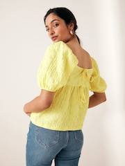 Yellow Textured Puff Sleeve Square Neck Top - Image 1 of 6