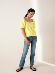 Yellow Textured Puff Sleeve Square Neck Top - Image 2 of 6
