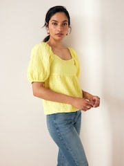 Yellow Textured Puff Sleeve Square Neck Top - Image 3 of 6