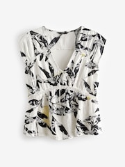 Ecru Lemon Print Broderie V-Neck Lace Detail Short Sleeve Top - Image 4 of 5