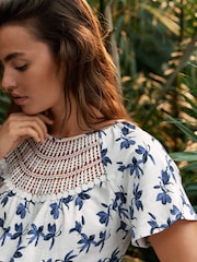 Cream Blue Kew Collection Short Sleeve Crochet Bubblehem Printed Top - Image 5 of 7