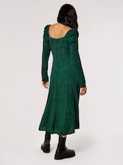 Apricot Green Ikat Ruched Long Sleeve Side Split Dress - Image 2 of 4